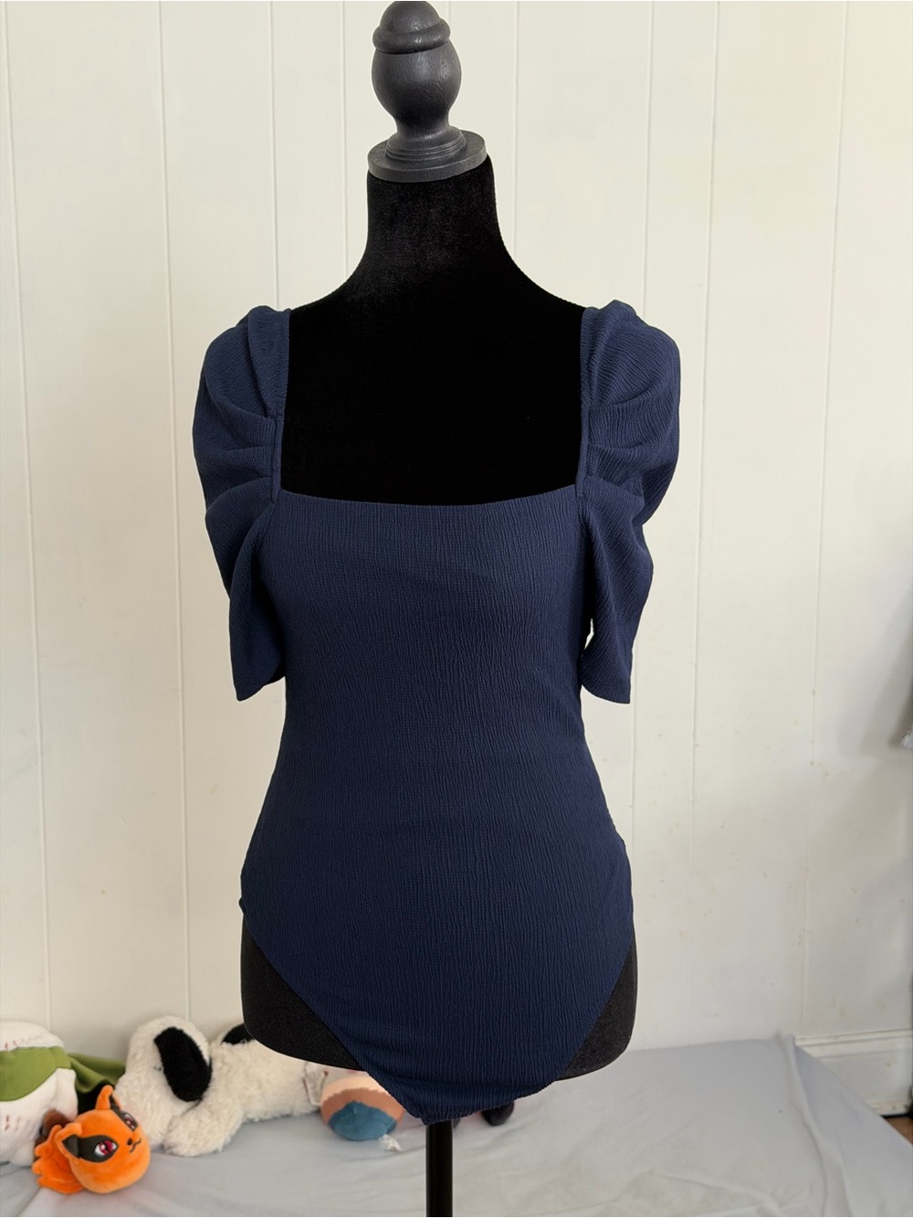 Navy Square-Neck Puff Sleeve Bodysuit Women's Top size XS